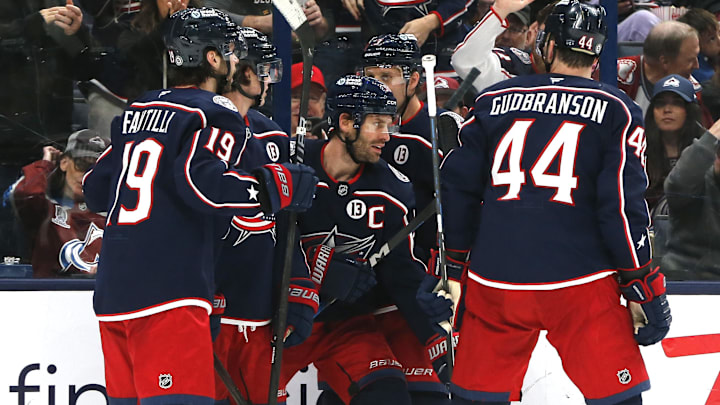 Apr 3, 2025; Columbus, Ohio, USA; Columbus Blue Jackets center Boone Jenner (38) celebrates his goal against the Colorado Avalanche during the second period at Nationwide Arena. Mandatory Credit: Russell LaBounty-Imagn Images