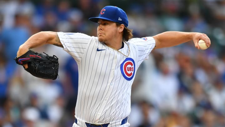 Aug 17, 2024; Chicago, Illinois, USA; Chicago Cubs starting pitcher Justin Steele (35) pitches during the first inning against the Toronto Blue Jays at Wrigley Field. 
