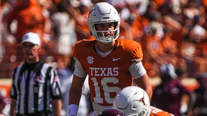 Texas Longhorns quarterback Arch Manning lines up for a snap during the game against Mississippi State at Darrell K Royal-Texas Memorial Stadium in Austin