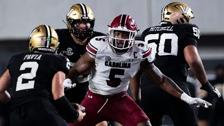 South Carolina Gamecocks edge Kyle Kennard (5) reacts as Vanderbilt Commodores quarterback Diego Pavia (2) protects the ball during the second half at FirstBank Stadium in Nashville, Tenn., Saturday, Nov. 9, 2024.