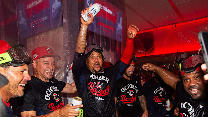 Sep 27, 2025; Cleveland, Ohio, USA; Cleveland Guardians third baseman Jose Ramirez (11) celebrates after the Guardians beat the Texas Rangers and clinched a playoff berth at Progressive Field. Mandatory Credit: Ken Blaze-Imagn Images