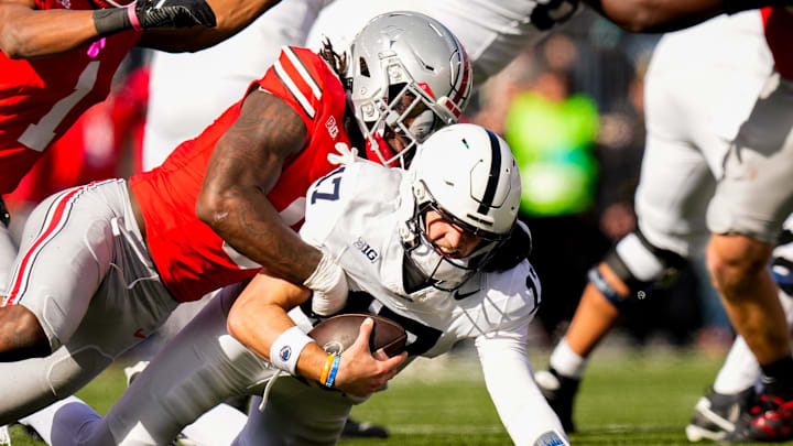 Ohio State Buckeyes linebacker Arvell Reese (8) sacks Penn State Nittany Lions quarterback Ethan Grunkemeyer (17) in the second half of the college football game at Ohio Stadium on Saturday, Nov. 1, 2025 in Columbus, Ohio.