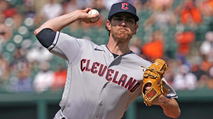 May 31, 2023; Baltimore, Maryland, USA; Cleveland Guardians pitcher Shane Bieber (57) delivers in the first inning against the Baltimore Orioles at Oriole Park at Camden Yards. Mandatory Credit: Mitch Stringer-Imagn Images