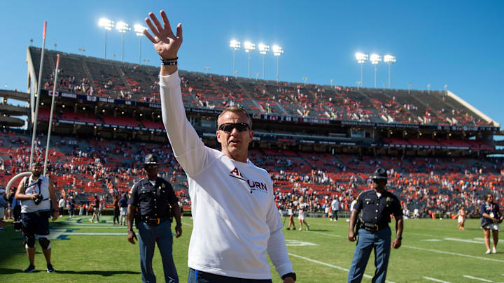 Auburn Tigers head coach Bryan Harsin acknowledges the crowed after the game as Auburn Tigers take on Missouri Tigers at Jordan-Hare Stadium in Auburn, Ala., on Saturday, Sept. 24, 2022. Auburn Tigers defeated Missouri Tigers 17-14.