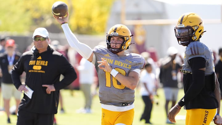 Arizona State quarterback Sam Leavitt during spring practice at Kajakawa Practice fields on April 16, 2025, in Tempe.