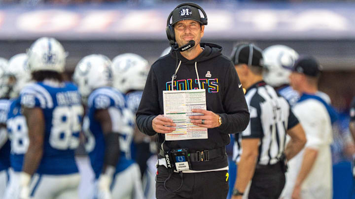 Indianapolis Colts head coach Shane Steichen walks the sideline during the game Sunday, Oct. 12, 2025, against the Arizona Cardinals at Lucas Oil Stadium in Indianapolis. Indianapolis Colts head coach Shane Steichen walks the sideline during the game Sunday, Oct. 12, 2025, against the Arizona Cardinals at Lucas Oil Stadium in Indianapolis.
