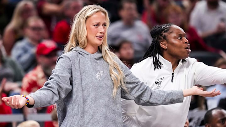 Indiana Fever guard Sophie Cunningham (8) reacts to the action Tuesday, May 20, 2025, during a game between the Indiana Fever and the Atlanta Dream at Gainbridge Fieldhouse in Indianapolis. Indiana Fever guard Sophie Cunningham (8) reacts to the action Tuesday, May 20, 2025, during a game between the Indiana Fever and the Atlanta Dream at Gainbridge Fieldhouse in Indianapolis.