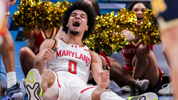 Maryland Terrapins guard Ja'Kobi Gillespie (0) celebrates after scoring Saturday, March 15, 2025, in a semifinals game at the 2025 TIAA Big Ten Men’s Basketball Tournament between the Michigan Wolverines and the Maryland Terrapins at Gainbridge Fieldhouse in Indianapolis. The Michigan Wolverines defeated the Maryland Terrapins, 81-80.