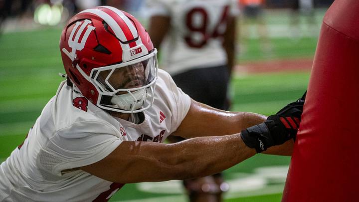 Indiana's Stephen Daley (8) at Indiana University football practice on Thursday, July 31, 2025.