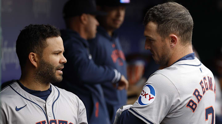 Apr 21, 2024; Washington, District of Columbia, USA; Houston Astros second base Jose Altuve (27) talks with Astros third base Alex Bregman (2) in the dugout prior to their game against the Washington Nationals at Nationals Park Apr 21, 2024; Washington, District of Columbia, USA; Houston Astros second base Jose Altuve (27) talks with Astros third base Alex Bregman (2) in the dugout prior to their game against the Washington Nationals at Nationals Park