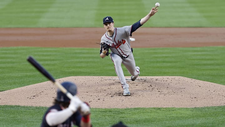 Sep 11, 2024; Washington, District of Columbia, USA; Atlanta Braves starting pitcher Max Fried (54) pitches against Washington Nationals outfielder Dylan Crews (3) during the first inning at Nationals Park. Mandatory Credit: Geoff Burke-Imagn Images