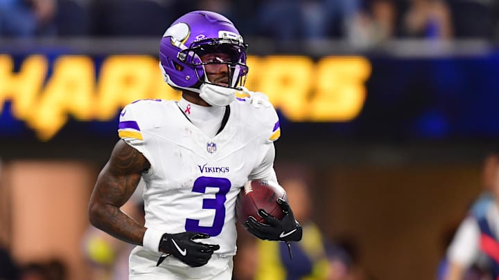 Oct 23, 2025; Inglewood, California, USA; Minnesota Vikings wide receiver Jordan Addison (3) reacts after making a touchdown during the second half at SoFi Stadium. 