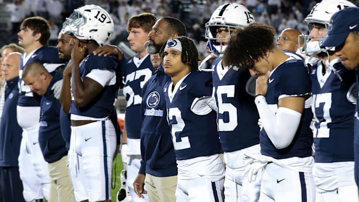 Penn State Nittany Lions players gather for the alma mater following the game against the Northwestern Wildcats at Beaver Stadium. Penn State Nittany Lions players gather for the alma mater following the game against the Northwestern Wildcats at Beaver Stadium.