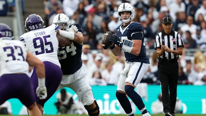 Penn State Nittany Lions quarterback Drew Allar looks to throw a pass during the third quarter against the Northwestern Wildcats at Beaver Stadium. 