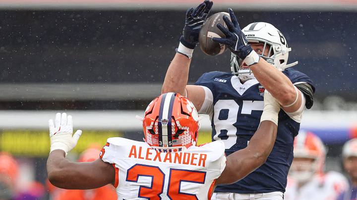Penn State Nittany Lions tight end Andrew Rappleyea (87) makes a catch against the Clemson Tigers during the 2025 Pinstripe Bowl at Yankee Stadium. Penn State Nittany Lions tight end Andrew Rappleyea (87) makes a catch against the Clemson Tigers during the 2025 Pinstripe Bowl at Yankee Stadium.