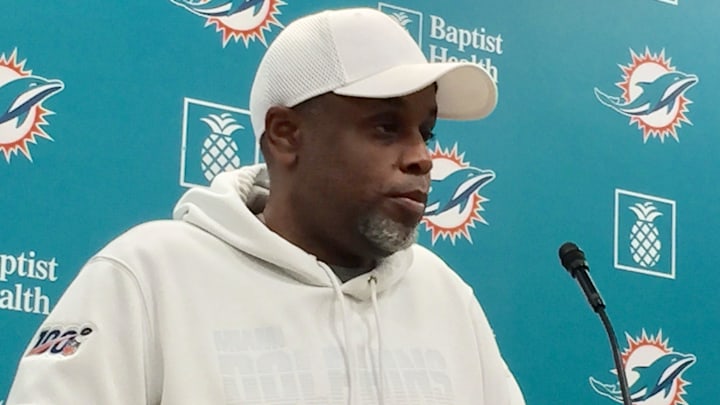 Miami Dolphins general manager Chris Grier answers questions from reporters April 15, 2025.
