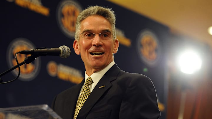 November 6, 2011; Columbia, MO, USA;  Missouri director of athletics Mike Alden speaks with members of the media and students during a press conference and celebration welcoming Missouri to the SEC. Mandatory Credit: Dak Dillon-Imagn Images