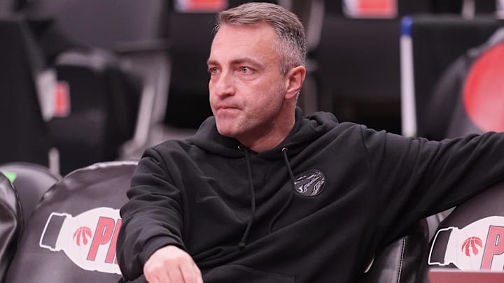 Dec 5, 2025; Toronto, Ontario, CAN; Toronto Raptors head coach Darko Rajakovic watches warm up before a game against the Charlotte Hornets at Scotiabank Arena. Mandatory Credit: John E. Sokolowski-Imagn Images