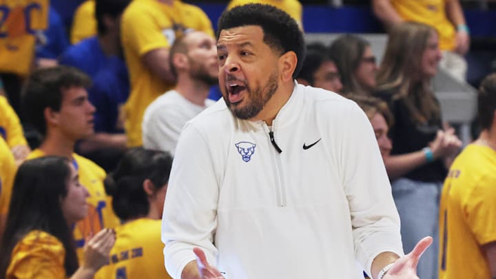 Oct 19, 2025; Pittsburgh, PA, USA;  Pittsburgh Panthers head coach Jeff Capel reacts to game play against the Providence Friars during the second half at the Petersen Events Center. Mandatory Credit: Charles LeClaire-Imagn Images