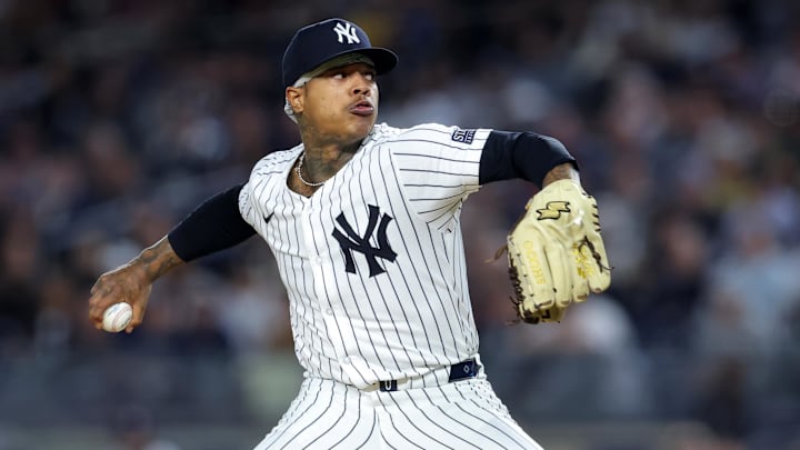 Sep 25, 2024; Bronx, New York, USA; New York Yankees starting pitcher Marcus Stroman (0) pitches against the Baltimore Orioles during the first inning at Yankee Stadium. 