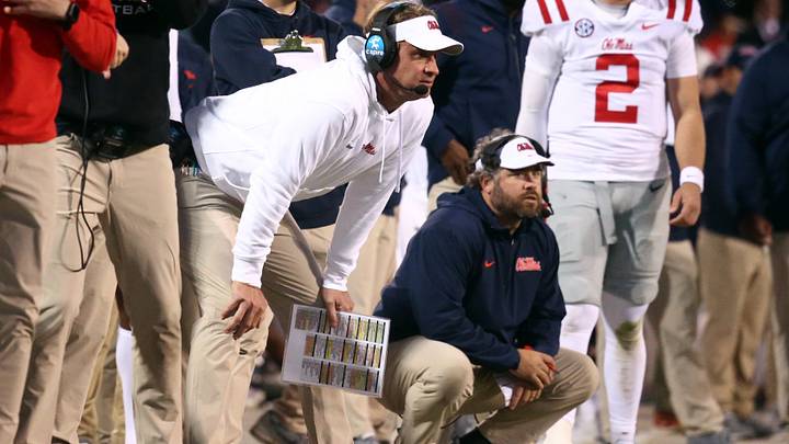 Mississippi Rebels head coach Lane Kiffin (left) and Mississippi Rebels defensive coordinator Pete Golding (right) watch during the second half against the Mississippi State Bulldogs at Davis Wade Stadium at Scott Field. Mississippi Rebels head coach Lane Kiffin (left) and Mississippi Rebels defensive coordinator Pete Golding (right) watch during the second half against the Mississippi State Bulldogs at Davis Wade Stadium at Scott Field.