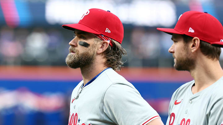 Oct 8, 2024; New York City, New York, USA; Philadelphia Phillies first baseman Bryce Harper (3) looks on before game three against the New York Mets in the NLDS for the 2024 MLB Playoffs at Citi Field. Mandatory Credit: Vincent Carchietta-Imagn Images