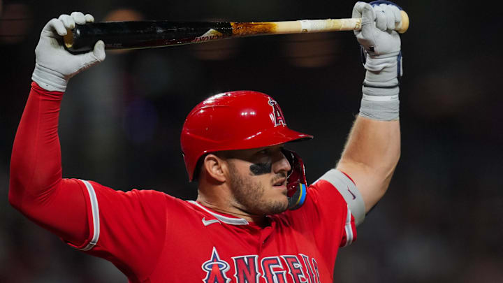 Apr 10, 2026; Cincinnati, Ohio, USA;  Los Angeles Angels outfielder Mike Trout (27) stretches after calling a timeout as he bats against the Cincinnati Reds at Great American Ball Park. Mandatory Credit: Aaron Doster-Imagn Images