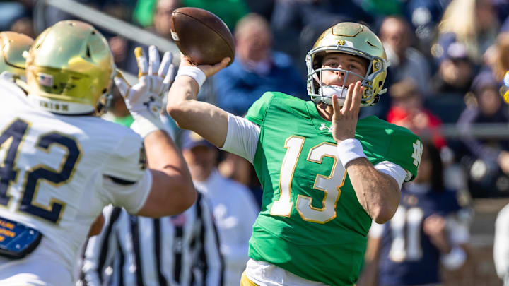 Apr 12, 2025; Notre Dame, IN, USA; Notre Dame Fighting Irish quarterback CJ Carr (13) throws a pass during the Blue-Gold game at Notre Dame Stadium. Mandatory Credit: Michael Caterina-Imagn Images