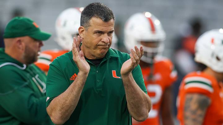 Nov 12, 2022; Atlanta, Georgia, USA; Miami Hurricanes head coach Mario Cristobal on the field before a game against the Georgia Tech Yellow Jackets at Bobby Dodd Stadium. Mandatory Credit: Brett Davis-USA TODAY Sports Nov 12, 2022; Atlanta, Georgia, USA; Miami Hurricanes head coach Mario Cristobal on the field before a game against the Georgia Tech Yellow Jackets at Bobby Dodd Stadium. Mandatory Credit: Brett Davis-USA TODAY Sports