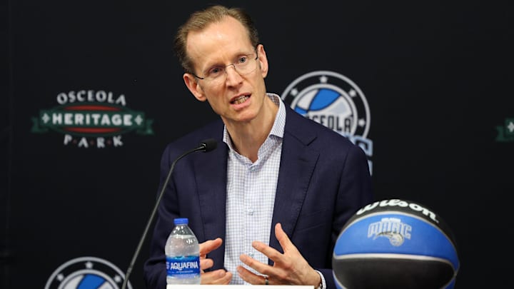 Apr 11, 2023; Orlando, Florida, USA;  Orlando Magic president of basketball operations Jeff Weltman speaks during a press conference for the new Orlando Magic G-League stadium at Osceola Heritage Park. Mandatory Credit: Nathan Ray Seebeck-Imagn Images
