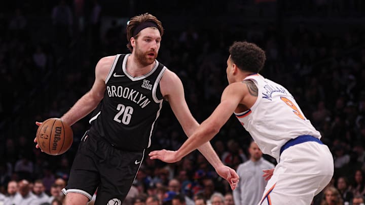 Apr 13, 2025; Brooklyn, New York, USA; Brooklyn Nets forward Drew Timme (26) is guarded by New York Knicks forward Kevin McCullar Jr. (9) during the second half at Barclays Center. Mandatory Credit: Vincent Carchietta-Imagn Images Apr 13, 2025; Brooklyn, New York, USA; Brooklyn Nets forward Drew Timme (26) is guarded by New York Knicks forward Kevin McCullar Jr. (9) during the second half at Barclays Center. Mandatory Credit: Vincent Carchietta-Imagn Images