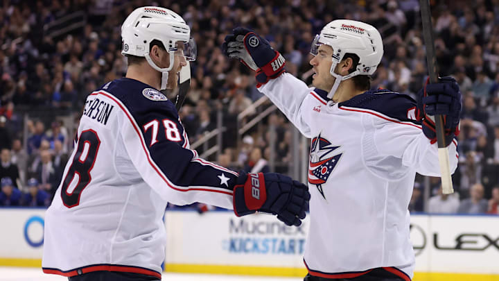 Feb 28, 2024; New York, New York, USA; Columbus Blue Jackets center Cole Sillinger (4) celebrates