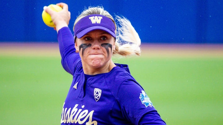 Washington's Ruby Meylan pitches during a 2023 game against Stanford.