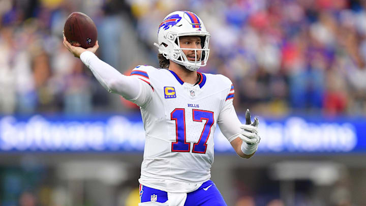 Dec 8, 2024; Inglewood, California, USA; Buffalo Bills quarterback Josh Allen (17) throws against the Los Angeles Rams during the first half at SoFi Stadium.