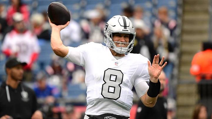 Oct 11, 2026; Foxborough, Massachusetts, USA;  Las Vegas Raiders quarterback Kirk Cousins (8) warms up before a game against the New England Patriots at Gillette Stadium.  Mandatory Credit: Bob DeChiara-Imagn Images