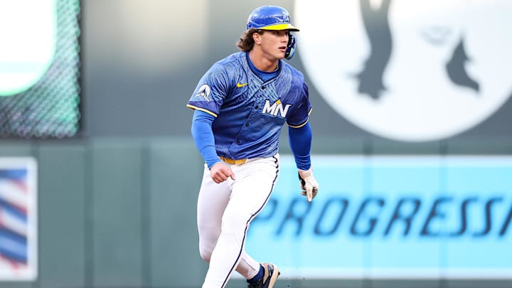 Apr 25, 2025; Minneapolis, Minnesota, USA; Minnesota Twins designated hitter Luke Keaschall (15) leads off of second base during the first inning against the Los Angeles Angels at Target Field. Mandatory Credit: Matt Krohn-Imagn Images