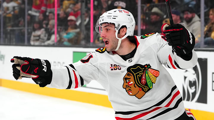 Dec 2, 2025; Las Vegas, Nevada, USA; Chicago Blackhawks center Frank Nazar (91) celebrates after assisting on a goal scored against the Vegas Golden Knights during the first period at T-Mobile Arena. Mandatory Credit: Stephen R. Sylvanie-Imagn Images