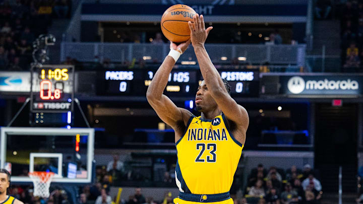 Apr 7, 2023; Indianapolis, Indiana, USA; Indiana Pacers forward Aaron Nesmith (23) shoots the ball in the first quarter against the Detroit Pistons at Gainbridge Fieldhouse. Mandatory Credit: Trevor Ruszkowski-Imagn Images Apr 7, 2023; Indianapolis, Indiana, USA; Indiana Pacers forward Aaron Nesmith (23) shoots the ball in the first quarter against the Detroit Pistons at Gainbridge Fieldhouse. Mandatory Credit: Trevor Ruszkowski-Imagn Images