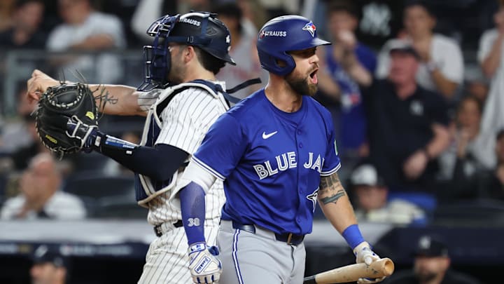 Oct 7, 2025; Bronx, New York, USA; Toronto Blue Jays right fielder Nathan Lukes (38) reacts after being called out on strikes during the ninth inning of game three of the ALDS round of the 2025 MLB playoffs against the New York Yankees at Yankee Stadium.