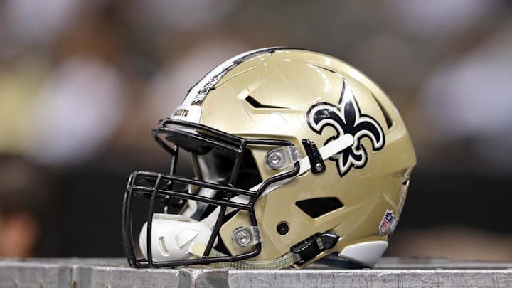 Aug 22, 2015; New Orleans, LA, USA; A New Orleans Saints helmet on the bench in the second half of their game against the New England Patriots at Mercedes-Benz Superdome. The Patriots won, 26-24. Mandatory Credit: Chuck Cook-Imagn Images