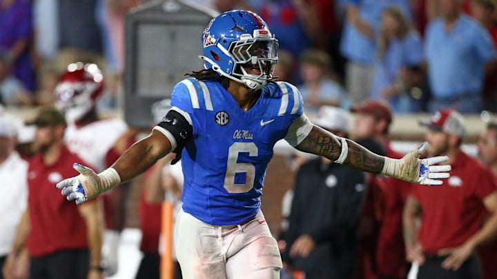 Sep 13, 2025; Oxford, Mississippi, USA; Mississippi Rebels linebacker TJ Dottery (6) reacts after a turnover during the fourth quarter against the Arkansas Razorback at Vaught-Hemingway Stadium. Mandatory Credit: Petre Thomas-Imagn Images Sep 13, 2025; Oxford, Mississippi, USA; Mississippi Rebels linebacker TJ Dottery (6) reacts after a turnover during the fourth quarter against the Arkansas Razorback at Vaught-Hemingway Stadium. Mandatory Credit: Petre Thomas-Imagn Images