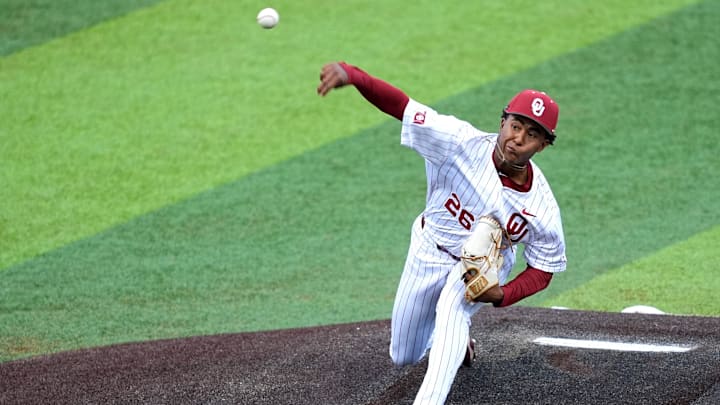 Oklahoma's Kyson Witherspoon (26) during the college baseball game between the University of Oklahoma Sooners and the LSU Tigers at L. Dale Mitchell Park in Norman, Okla., Thursday, April, 3, 2025. Oklahoma's Kyson Witherspoon (26) during the college baseball game between the University of Oklahoma Sooners and the LSU Tigers at L. Dale Mitchell Park in Norman, Okla., Thursday, April, 3, 2025.