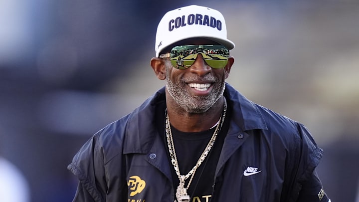Nov 1, 2025; Boulder, Colorado, USA; Colorado Buffaloes head coach Deion Sanders before the game against the Arizona Wildcats at Folsom Field. Mandatory Credit: Ron Chenoy-Imagn Images