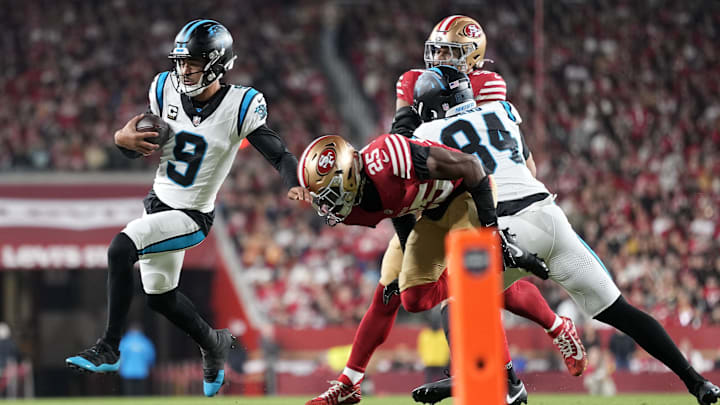 Nov 24, 2025; Santa Clara, California, USA; Carolina Panthers quarterback Bryce Young (9) rushes the ball against the San Francisco 49ers during the first half at Levi's Stadium. Mandatory Credit: Kyle Terada-Imagn Images