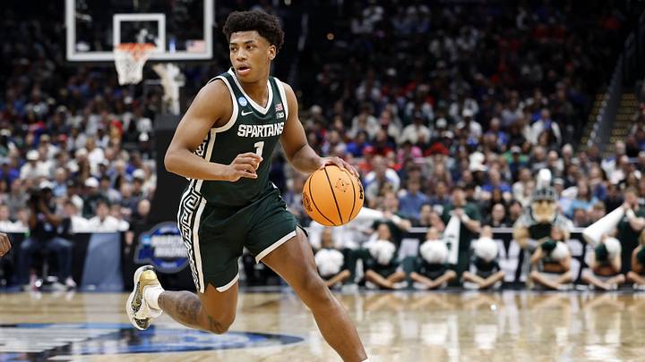 Mar 27, 2026; Washington, DC, USA; Michigan State Spartans guard Jeremy Fears Jr. (1) dribbles the ball against the UConn Huskies in the first half during a Sweet Sixteen game of the East Regional of the men's 2026 NCAA Tournament at Capital One Arena. Mandatory Credit: Amber Searls-Imagn Images Mar 27, 2026; Washington, DC, USA; Michigan State Spartans guard Jeremy Fears Jr. (1) dribbles the ball against the UConn Huskies in the first half during a Sweet Sixteen game of the East Regional of the men's 2026 NCAA Tournament at Capital One Arena. Mandatory Credit: Amber Searls-Imagn Images