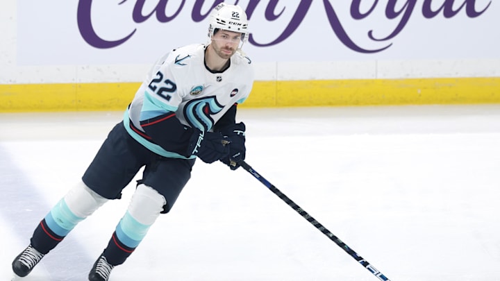 Jan 16, 2025; Winnipeg, Manitoba, CAN; Seattle Kraken right wing Oliver Bjorkstrand (22) warms up before a game against the Winnipeg Jets at Canada Life Centre. Mandatory Credit: James Carey Lauder-Imagn Images