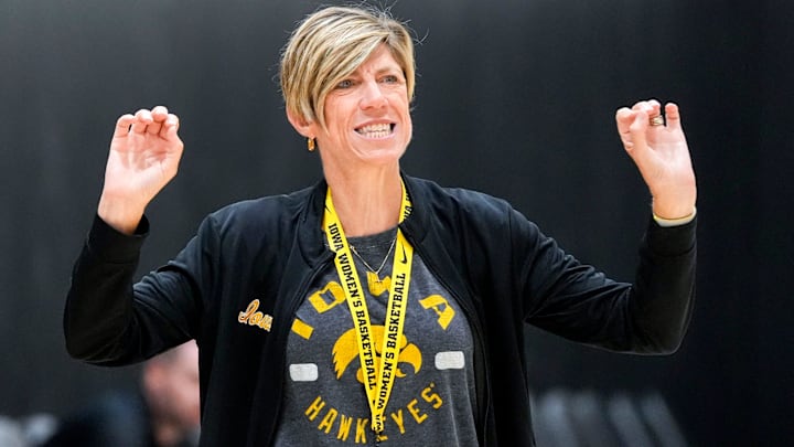 Iowa women’s basketball head coach Jan Jensen talks to the team during practice June 26, 2025 at Carver-Hawkeye Arena in Iowa City, Iowa.