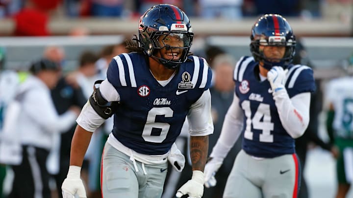 Dec 20, 2025; Oxford, MS, USA; Mississippi Rebels linebacker TJ Dottery (6) reacts during the first quarter against the Tulane Green Wave at Vaught-Hemingway Stadium. Mandatory Credit: Petre Thomas-Imagn Images