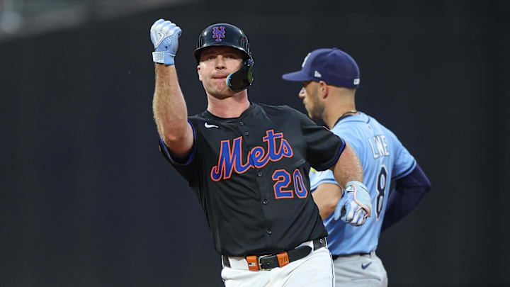 Jun 13, 2025; New York City, New York, USA; New York Mets first baseman Pete Alonso (20) reacts after a double during the fourth inning against the Tampa Bay Rays at Citi Field. Mandatory Credit: Vincent Carchietta-Imagn Images Jun 13, 2025; New York City, New York, USA; New York Mets first baseman Pete Alonso (20) reacts after a double during the fourth inning against the Tampa Bay Rays at Citi Field. Mandatory Credit: Vincent Carchietta-Imagn Images