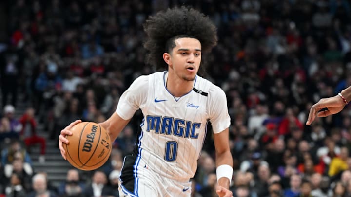 Orlando Magic guard Anthony Black (0) dribbles against the Toronto Raptors in the first half at Scotiabank Arena. Orlando Magic guard Anthony Black (0) dribbles against the Toronto Raptors in the first half at Scotiabank Arena.